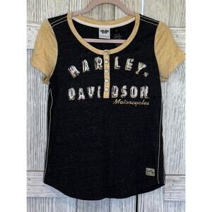 Harley Davidson Shirt Womens Small Gray Yellow Henley Tee Retro Riding